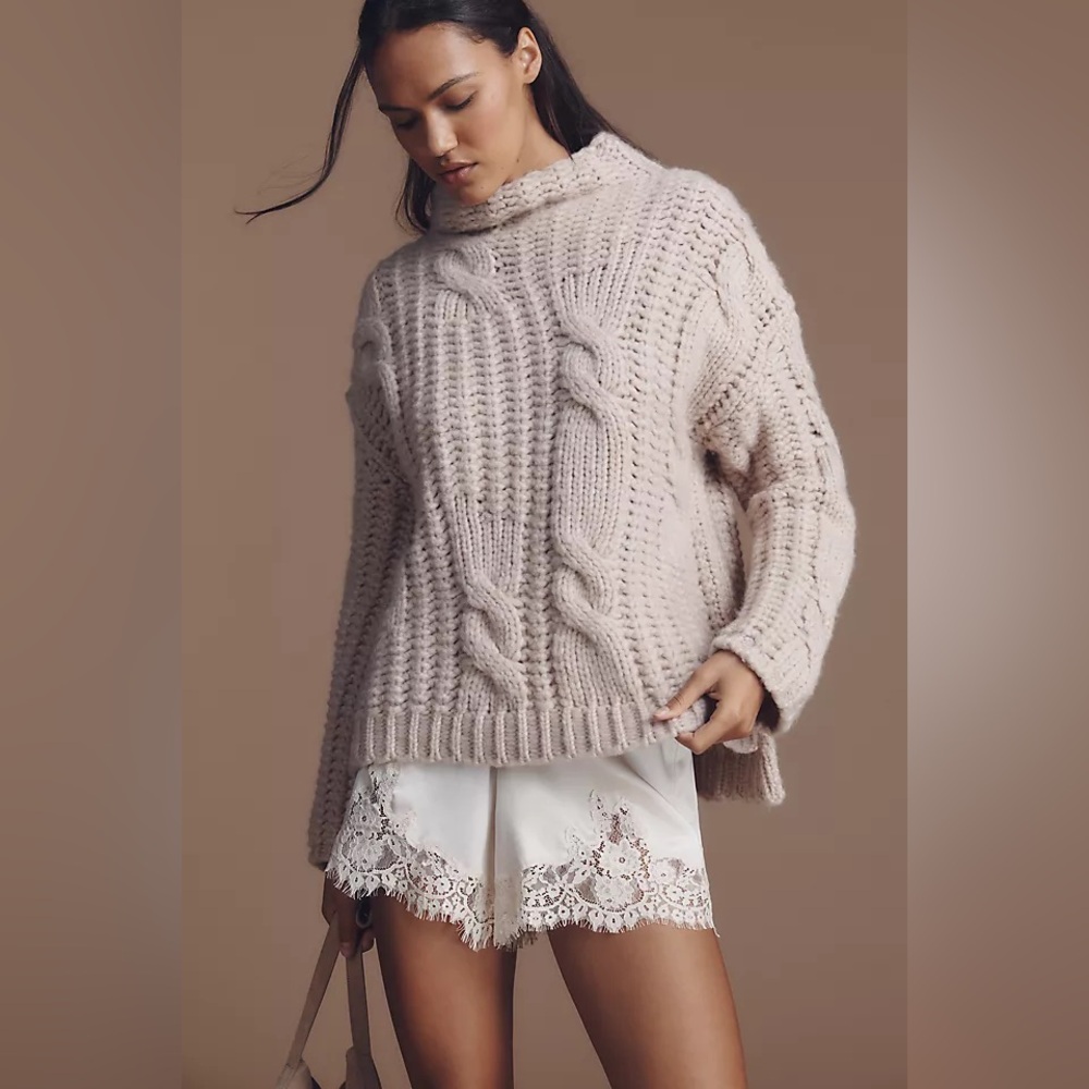 Anthropologie Maeve Mock-Neck Cable Wool Blend Sweater